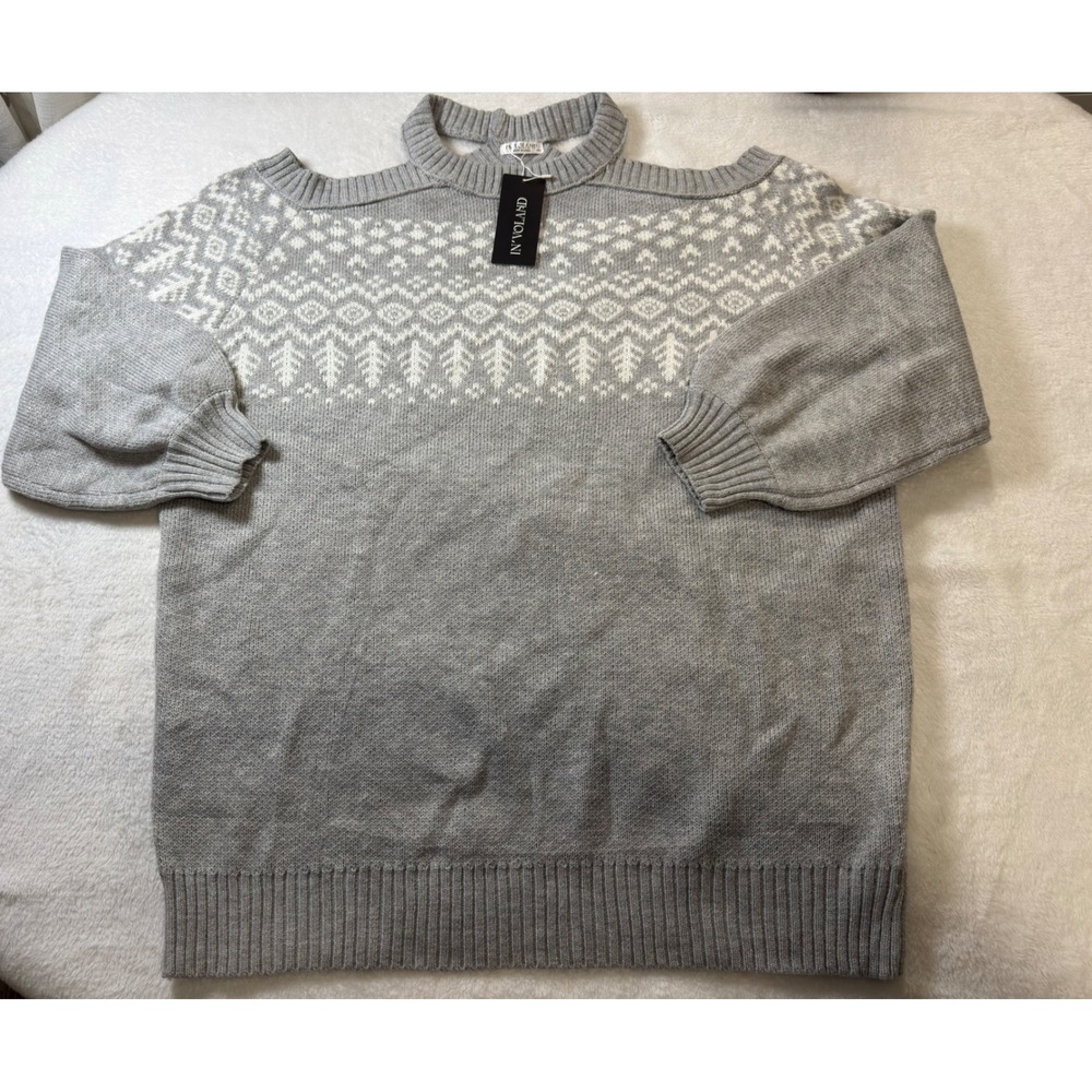 INVOLAND‎ Gray Fair Isle Cutout Cold Shoulder Sweater Lantern Sleeves Plus 22W